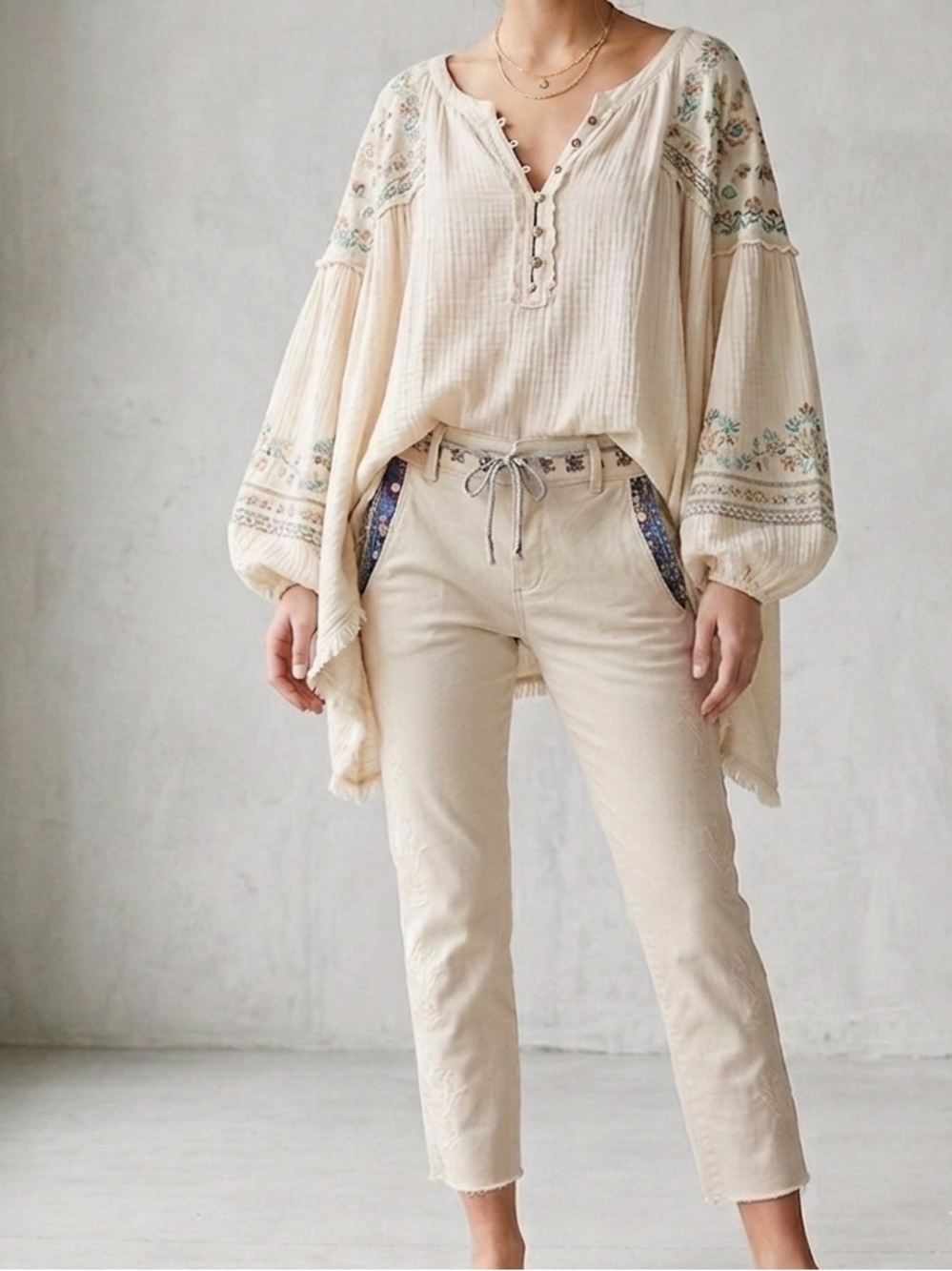 J Crew Upcycled Bohemian Floral Embroidered Leg Frayed Hem Marisa Crop Pant- 2
